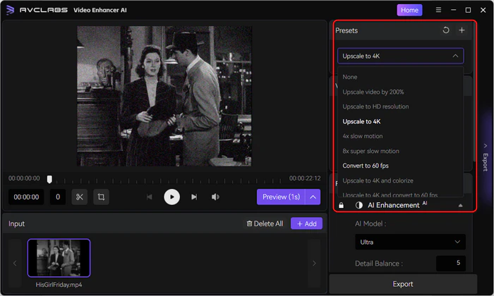 Select Upscale Video by 200% preset in AVCLabs Video Enhancer AI